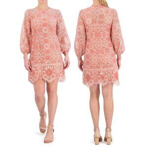 NEW Vince Camuto Lace Shift Dress Mini Contrasting Embroidery Coral Pink Cream